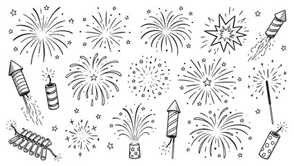 Collection of handdrawn black and white fireworks and pyrotechnics for celebrations and parties © Amirul
