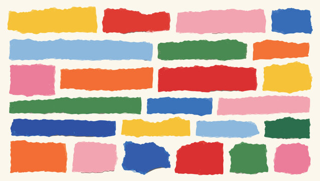 Collection of colorful torn paper rectangles in a random arrangement on a light background