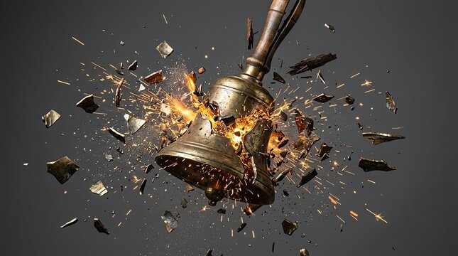Dynamic image of a school bell shattering with metallic fragments and sparks for dramatic educational poster