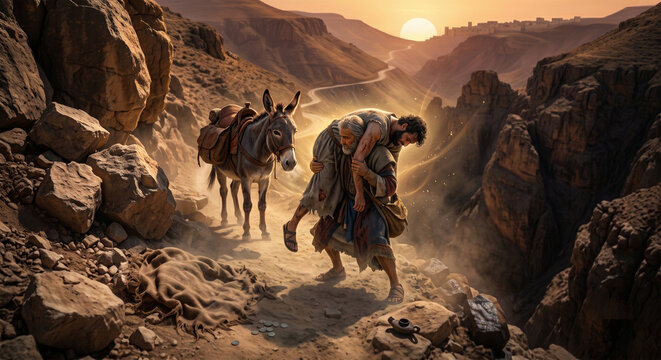 Bible, A wide-angle, atmospheric shot of the Samaritan lifting the injured man onto his own donkey. It is a slow, difficult, and labor-intensive process, showing the physical effort of mercy. 