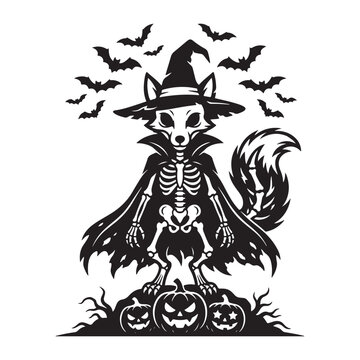 Skeleton fox in witch hat with pumpkins and bats for halloween