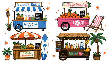 Four tropical fruit and juice stands with fruits and beach elements create a vibrant summer scene © Shawon