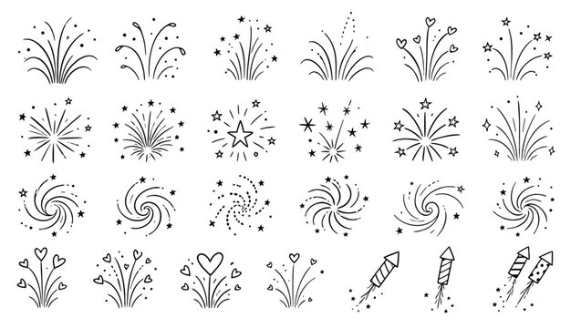 Collection of handdrawn line art illustrations representing various fireworks and explosions