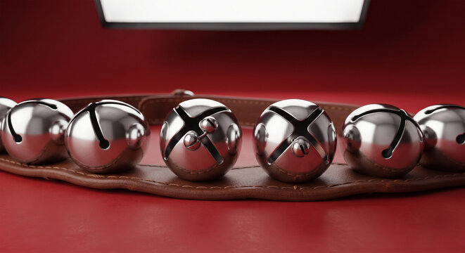 A professional product studio shot of a pristine set of chrome-plated sleigh bells on a new, rich brown leather strap, presented against a seamless, minimalist, festive red background
