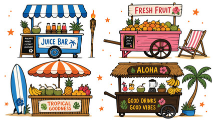 Vibrant collection of tropical fruit stands and juice bars offering refreshing summer drinks © Shawon