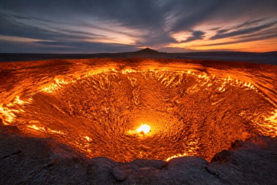 Fiery crater glows under twilight sky. Lava pulses softly, radiating intense orange heat. Rugged edges frame the molten heart of earth's fury. Dramatic clouds swirl above, casting soft shadows