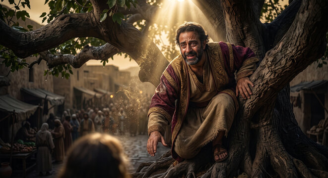 Bible, A poignant, high-contrast shot of Zacchaeus climbing down from the tree. His face is no longer tense or guarded; it is alive with a sudden, breathless joy and shock. 
