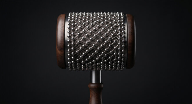A professional product studio shot of a classic cabasa with a dark wood handle, presented against a seamless, minimalist matte-black background 