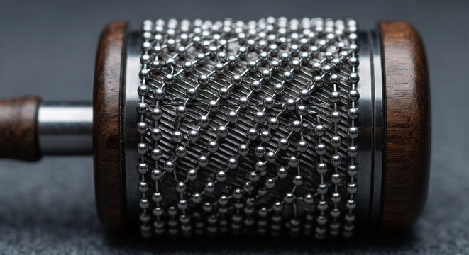 A macro, high-definition photograph of a professional wooden cabasa, focusing on the intricate web of small steel ball chains wrapping tightly around the textured, serrated metal cylinder,