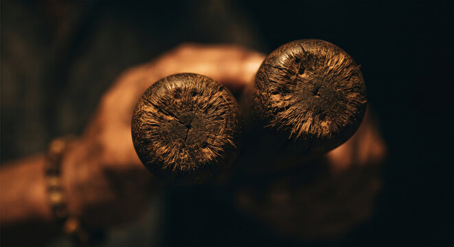 An extreme close-up view of the dense, fibrous texture of the wood on the striking surfaces of the claves, highlighting the worn areas from professional use in a moody, low-light environment.