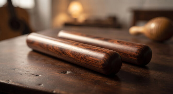 A high-definition, macro photograph of a pair of professional rosewood claves, focusing on the dense, polished wood grain 