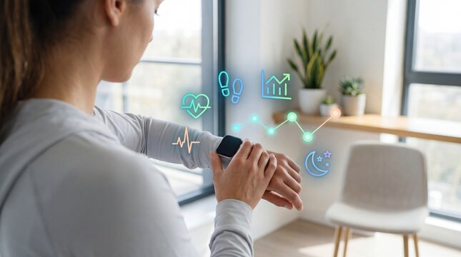 Woman checking health stats on smartwatch with holographic icons, fitness tracking, heart rate monitoring, sleep analysis, wellness technology, healthy lifestyle concept.