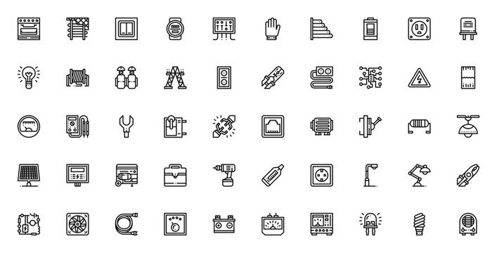 Electrician tools icon set. Vector illustration of electrical equipment. Featuring cooker, light switch, electric meter, battery, socket, bulb, multimeter, pliers, drill, solar panel, generator, trans