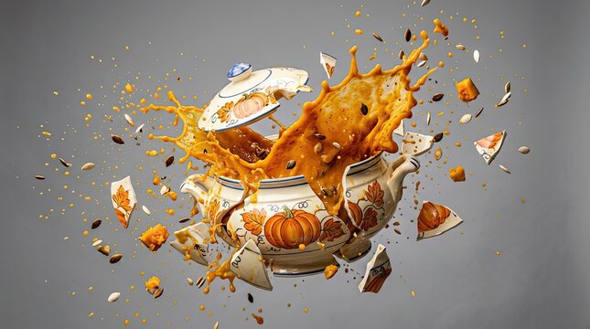Dynamic explosion of shattering soup tureen with vibrant splashes of soup for kitchen decor and culinary theme design
