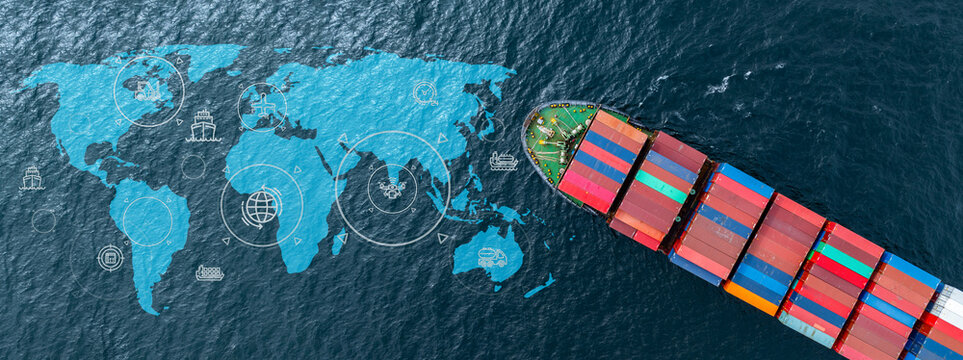 Aerial view container cargo ship with world map network, Container cargo ship in import export logistic freight shipping, Business logistics transportation international by container cargo ship.