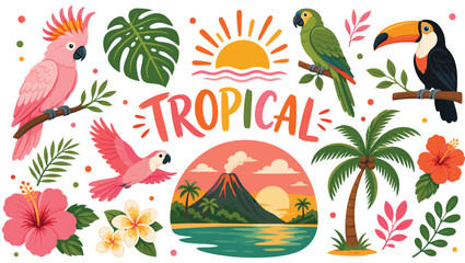 Vibrant tropical island scene illustration with parrots toucan palm trees and hibiscus flowers © Shawon