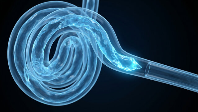 エクリン汗腺の分泌部から青い汗が排出される様子を描く医療用抽象CG画像