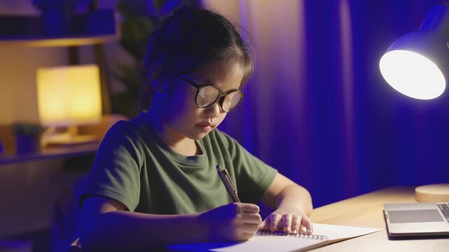 Young Asian girl studying at desk with notebook and pen in cozy, dimly lit room with modern lamp and bookshelf in the background