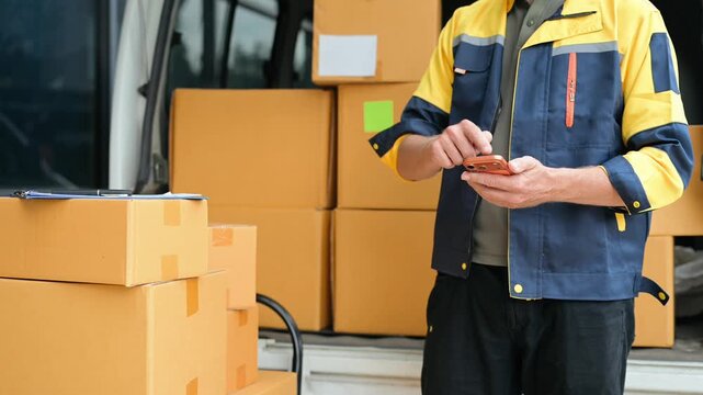 Courier unloading cardboard packages from a cargo van while checking inventory. Logistics, shipping, fulfillment, warehouse, delivery service