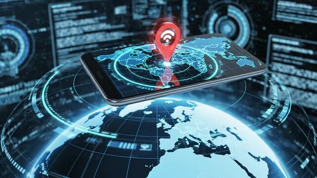 Global wifi hotspot locating with a digital world map on a smartphone connecting and tracking the location