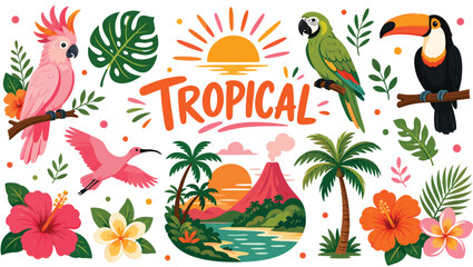 Vibrant tropical paradise scene featuring exotic birds flowers palm trees and a volcano illustration © Shawon