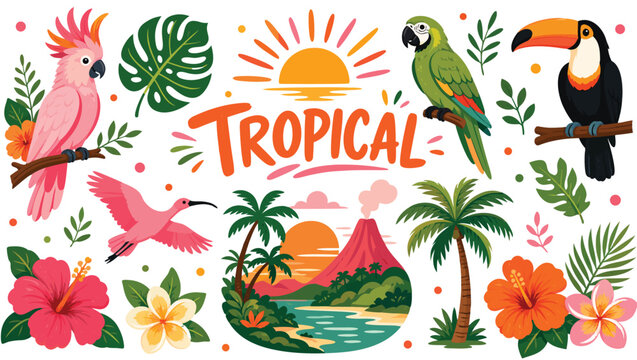 Vibrant tropical paradise scene featuring exotic birds flowers palm trees and a volcano illustration