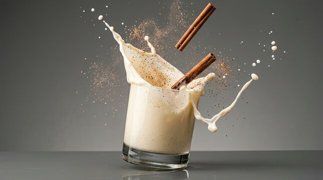 Captured splash of creamy eggnog with nutmeg and cinnamon sticks on a glossy surface for holiday beverage promotion