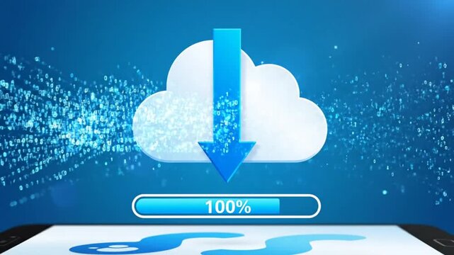 Digital cloud storage animation illustrating data downloading and file transfer with progress bar and binary code.