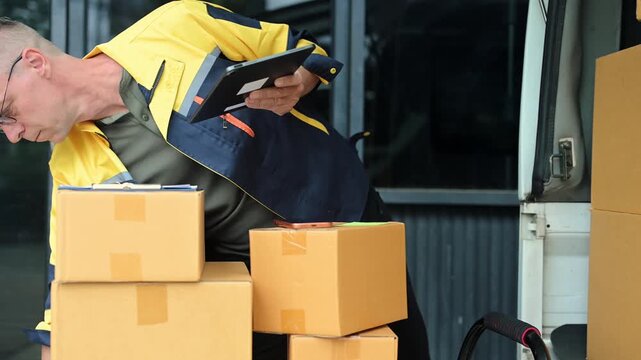 Professional courier holding parcel beside delivery van. Logistics, shipping, ecommerce, warehouse, last mile delivery, express service and reliable package transportation.
