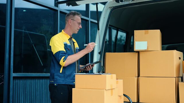 Professional courier holding parcel beside delivery van. Logistics, shipping, ecommerce, warehouse, last mile delivery, express service and reliable package transportation.