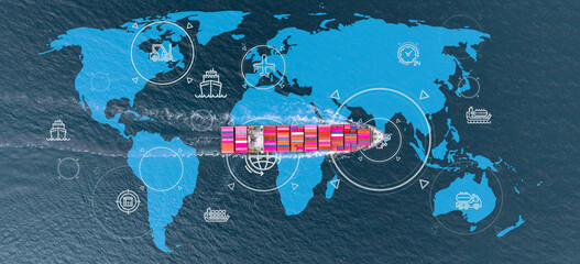 Fototapeta premium Aerial view container cargo ship with world map network, Container cargo ship in import export logistic freight shipping, Business logistics transportation international by container cargo ship.