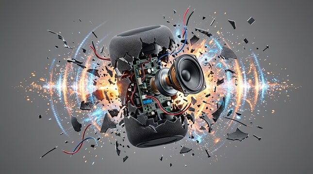 Exploding smart speaker with shattered components and dynamic sparks for technology poster