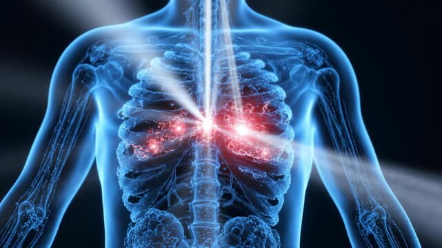 Medical scan of human lungs, chest anatomy visualization with glowing scanning beams. Advanced healthcare diagnostics.