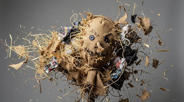 Dynamic explosive burst of scarecrow head with straw and fabric elements for dramatic halloween poster design