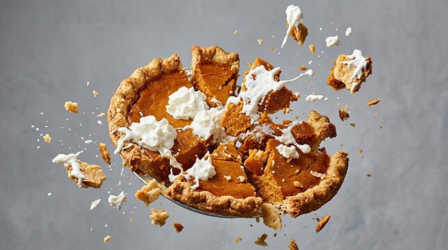 Dynamic pumpkin pie shattering with cream explosion against grey background for festive food design