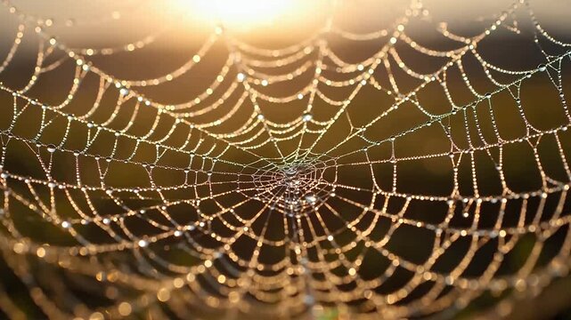 Dew Drops Evaporate on Spider Web at Sunrise