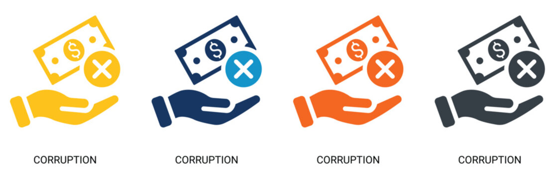 Anti corruption and business bribery prevention solid icon set, hand refusing cash money with cross mark, corporate compliance and financial ethics vector.
