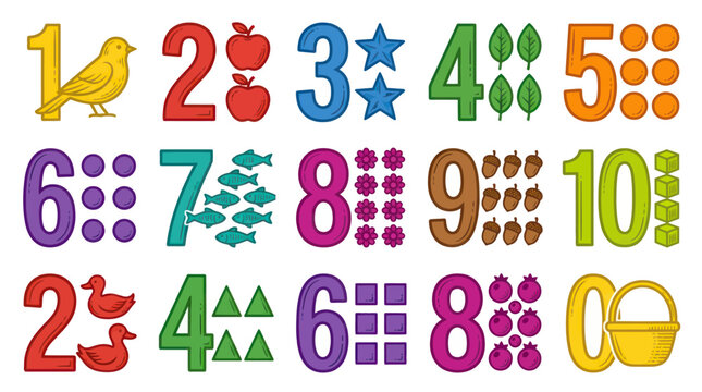 Colorful Numbers 0-10 with Objects, Educational Illustration, Vector Art