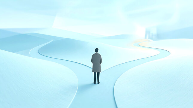 Person in a long coat standing at a fork in a snowy path, choosing between two different ways