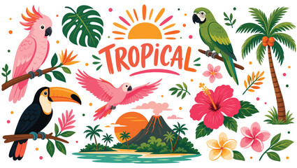 Vibrant tropical scene featuring parrots toucan palm trees hibiscus flowers and a volcano illustration © Shawon