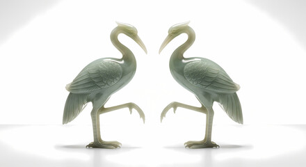 Obraz premium Two Jade Herons in Mirror Image Standing on One Leg