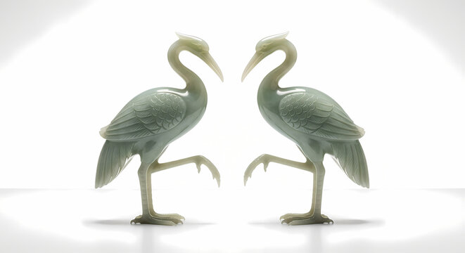 Two Jade Herons in Mirror Image Standing on One Leg