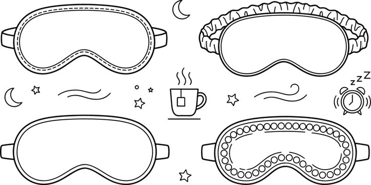 Sleep mask vector icon set featuring eye covers night stars moon alarm clock and herbal tea cup line art.
