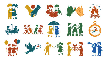 Fototapeta premium Childhood, Friendship Relationships Flat Vector Icons Set - Kids, Play, Support, and Unity Illustrations