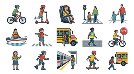 Fototapeta premium Kids Safety and Transportation Icons: Bicycle, Scooter, Car Seat, School Bus, Subway
