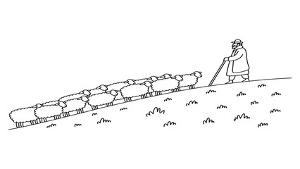 A shepherd herding a line of fluffy sheep walking up a grassy hill in a simple black and white line art drawing style illustration for farm design © Joya