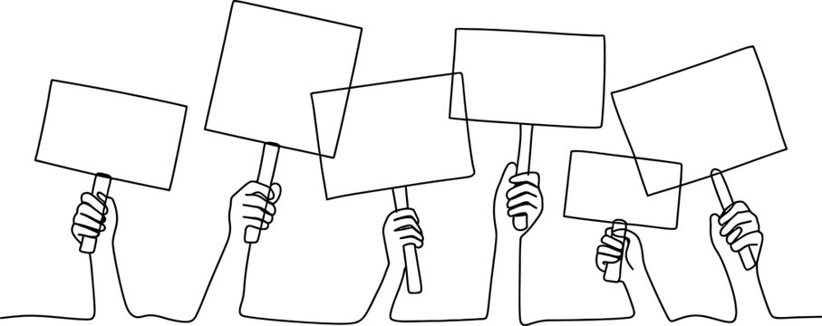 Group of people hands holding empty protest signs in a continuous line art style drawing for social activism and demonstration concept illustration