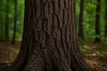 Obraz premium Ancient tree trunk dominates foreground with deep, rough bark. Mossy forest floor surrounds base, soft light filters through canopy. Background trees blur slightly, creating depth and mystery