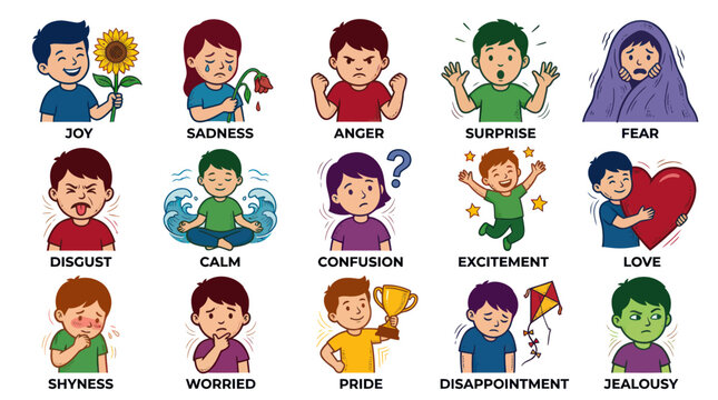 Flat Vector Illustration of Diverse Human Emotions for Children's Education and Psychology Concepts