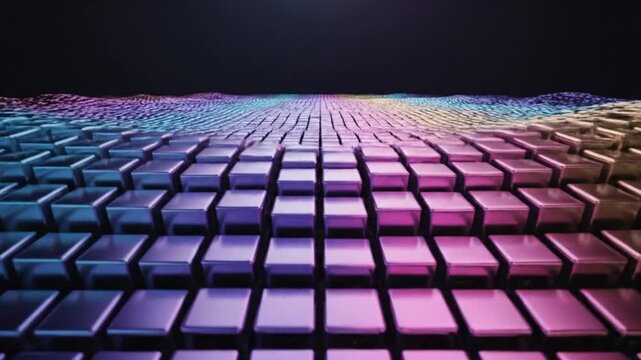 Abstract futuristic landscape of colorful iridescent metallic blocks forming a dynamic wave pattern against a black background